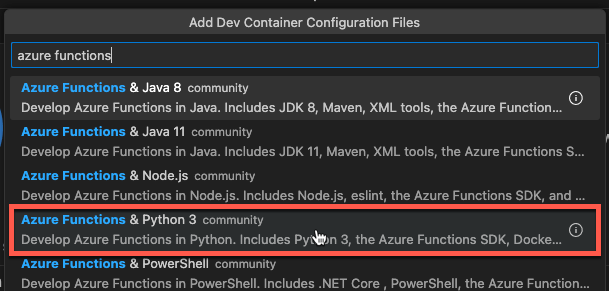 The definitions filtered by Azure Functions with the cursor over Azure Functions & Python 3