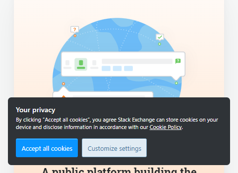 An "accept all cookies" banner on StackOverflow absolutely positioned to the bottom of the page