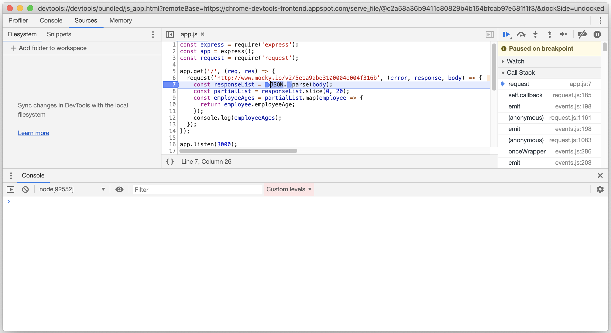 A breakpoint paused on line 7 at the JSON parsing line