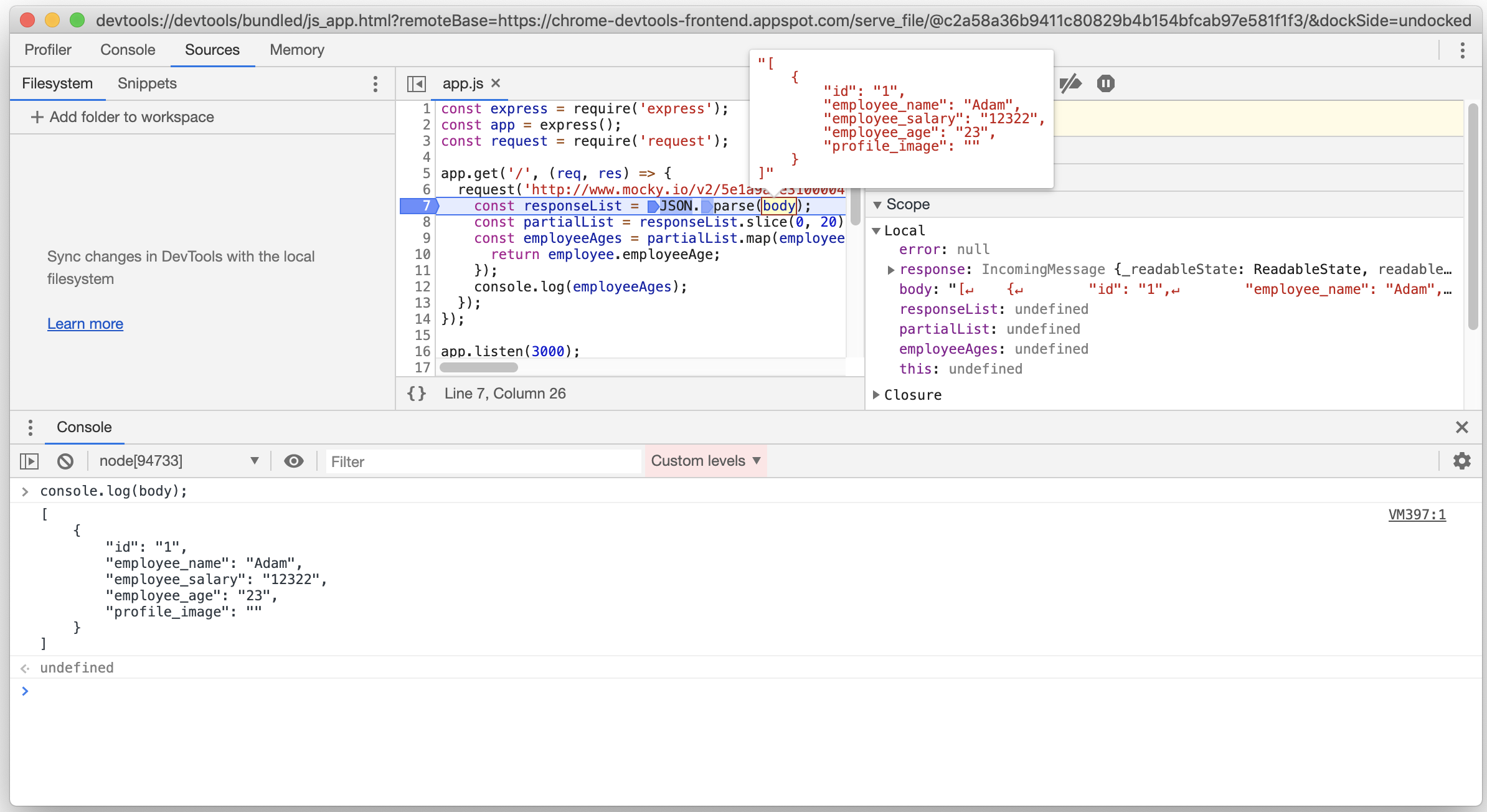 A screenshot of all three of the mentioned methods to inspect a variable's value