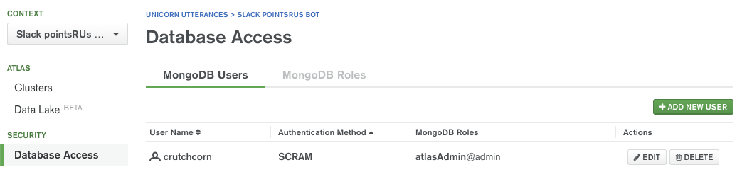 The "Database Access" screen with a "Add new user" button
