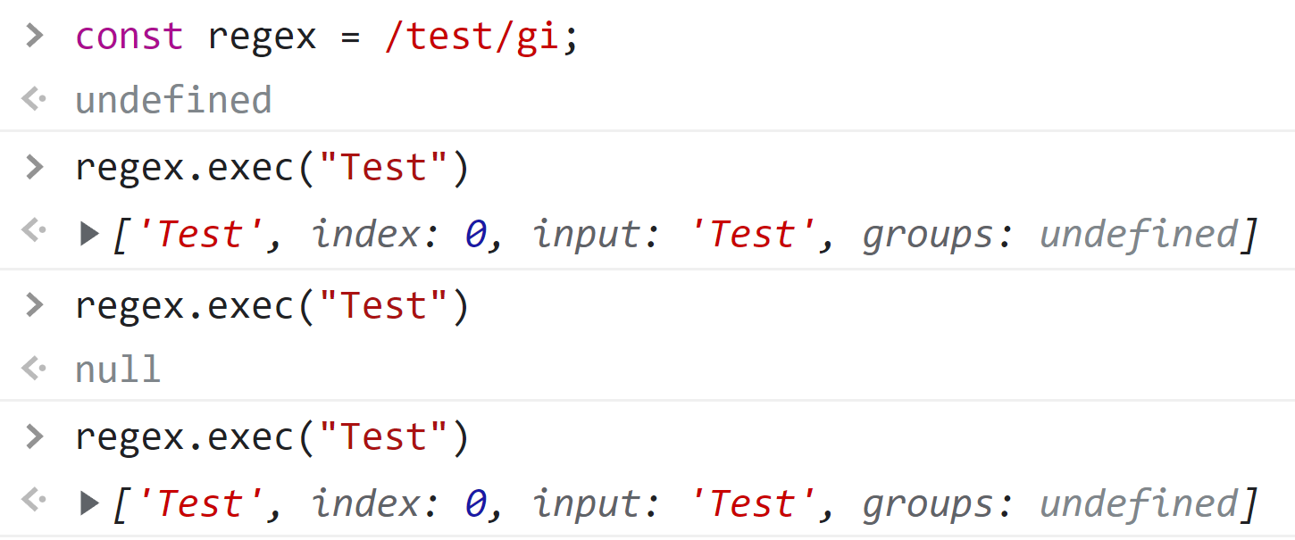 If we assign a regex to a variable then run exec on said variable, it will find the results properly the first and third time, but return null the second time