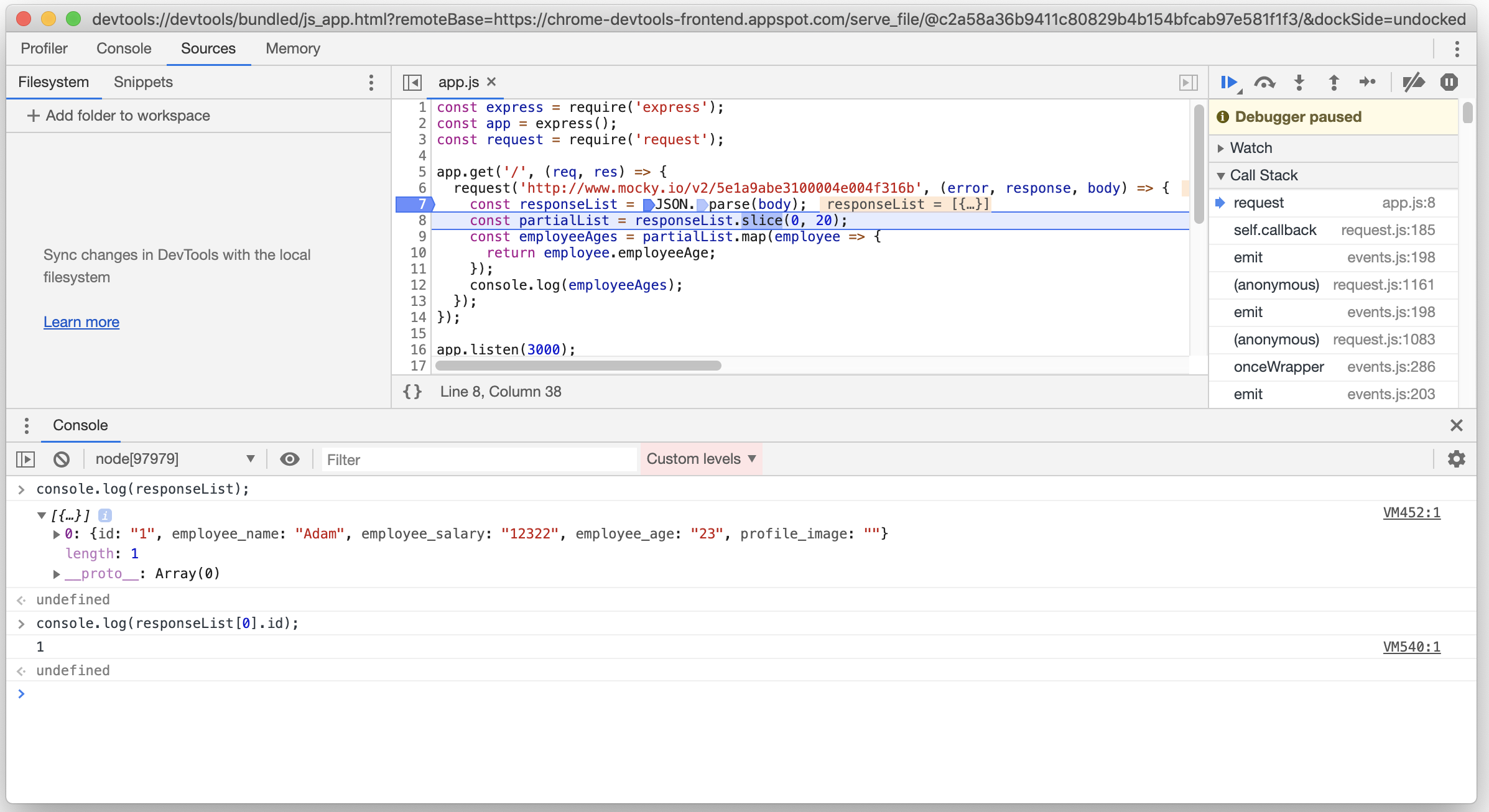 A screenshot of the JSON being parsed into a few variables with some console logs to prove it did really parse and run the line above it