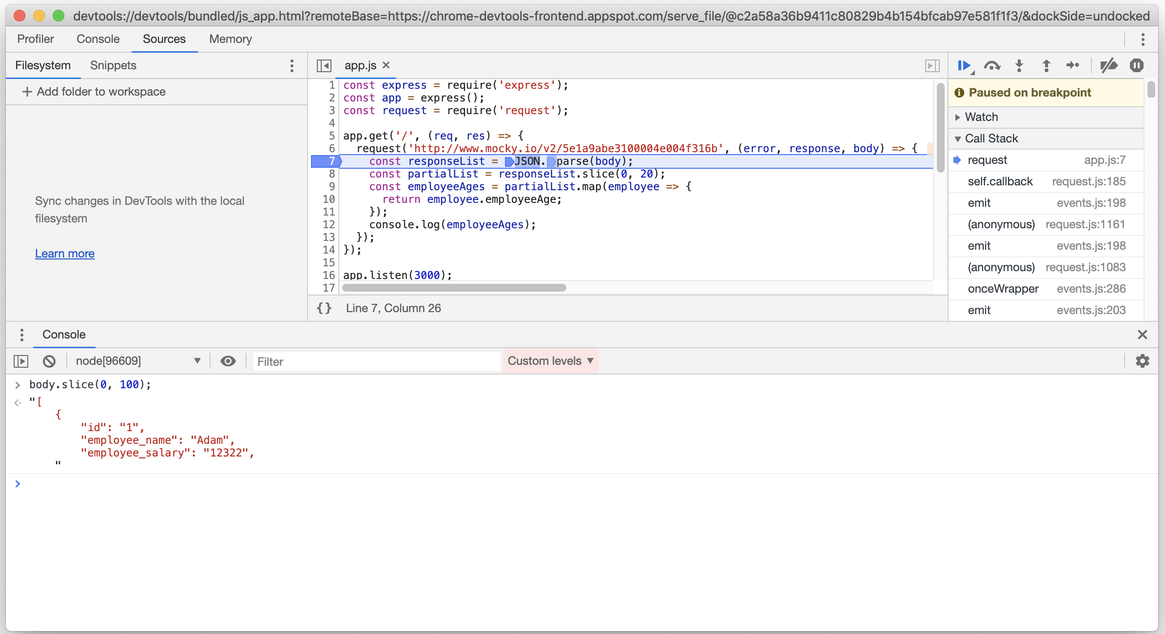 A screenshot of indexing the body using "body.slice(0, 100)"