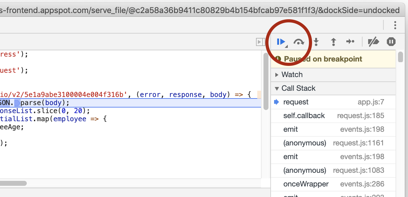 A red circle highlighting the "play" and "skip" buttons in the debugger