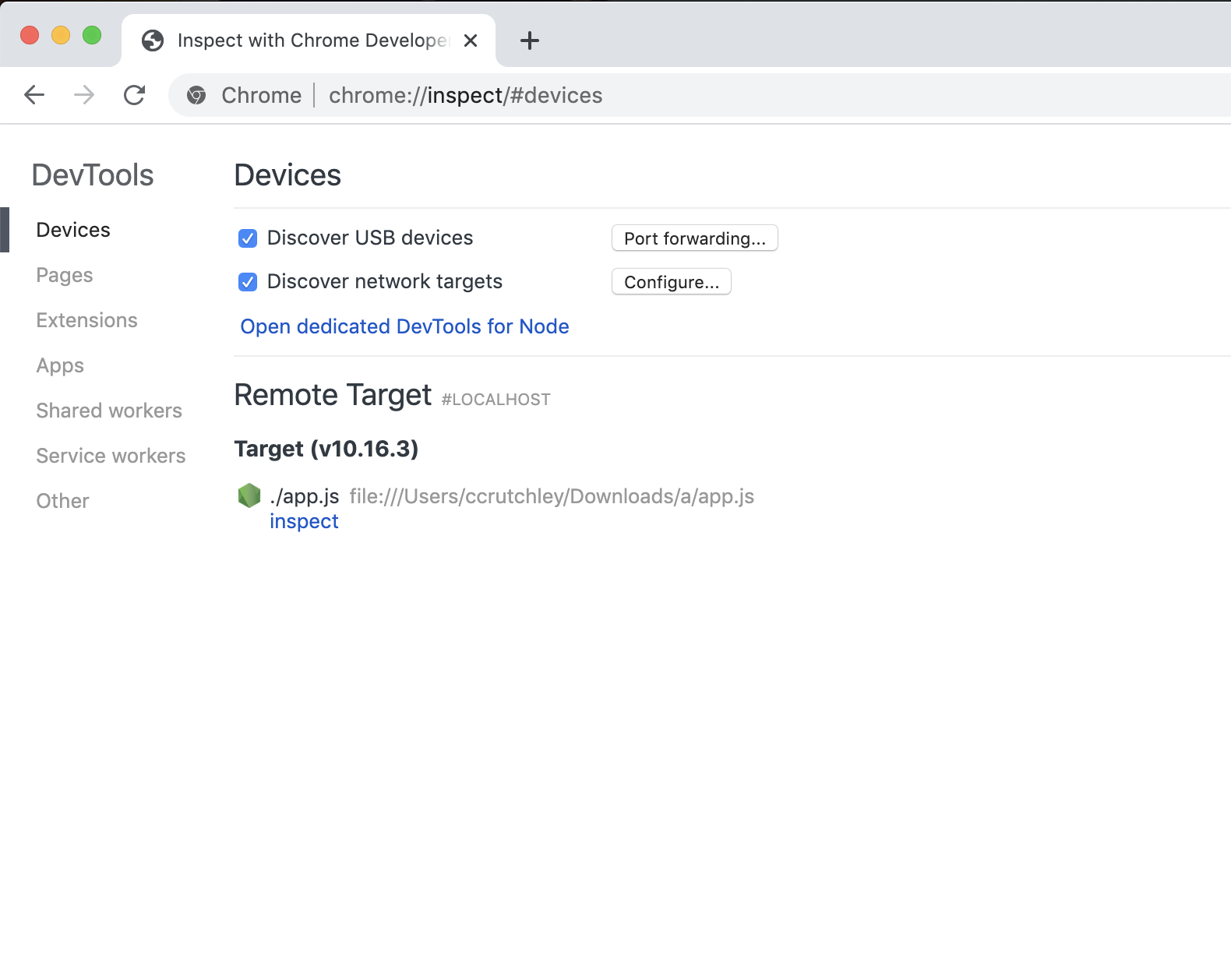 A list of inspectable devices from Chrome