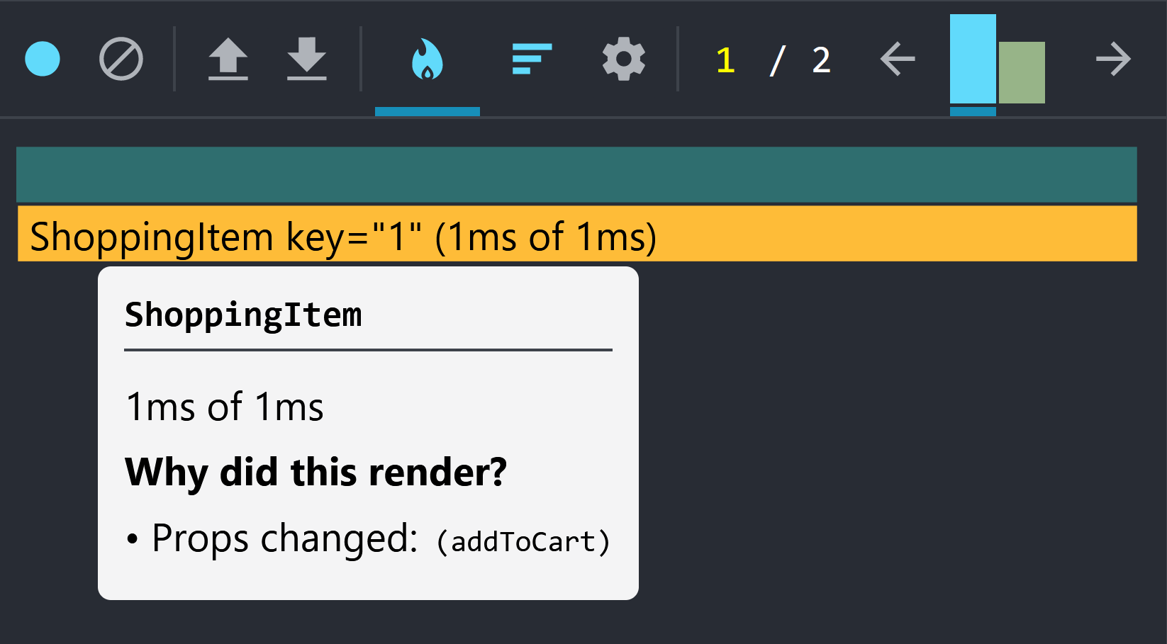 ShoppingItem key="1" re-rendered because "Props changed: addToCart"