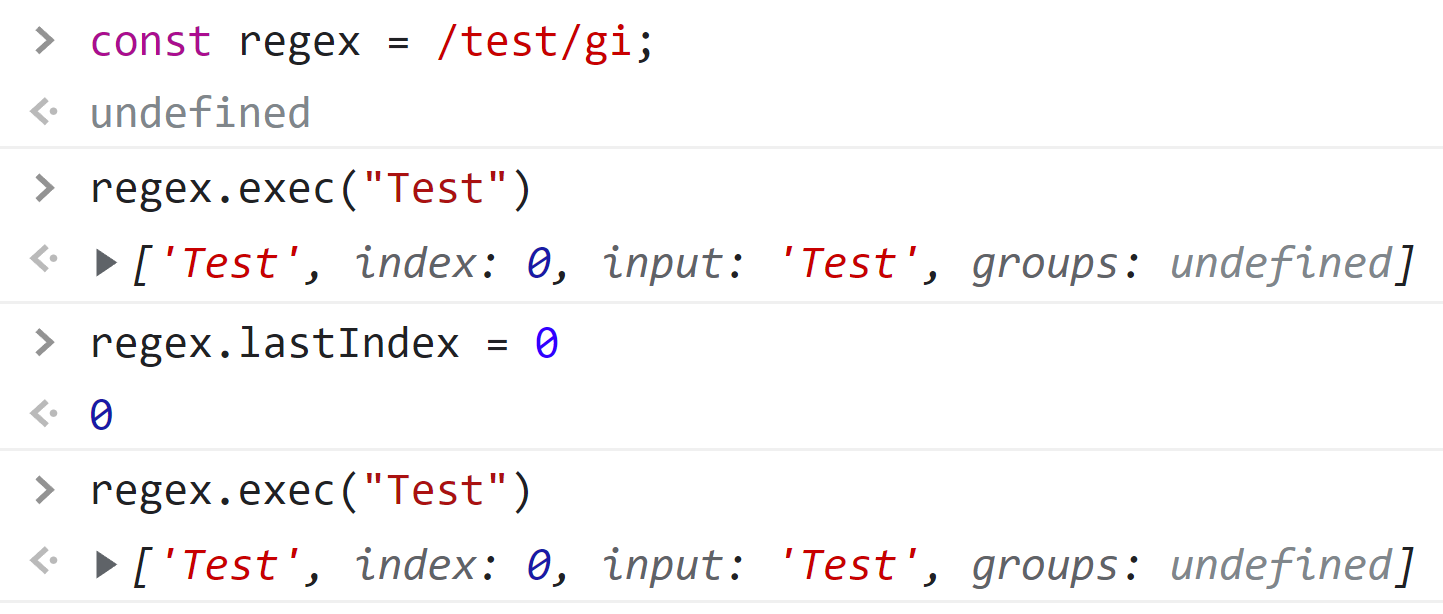 If we run regex.lastIndex = 0 in between each regex.exec, then every single exec runs as intended