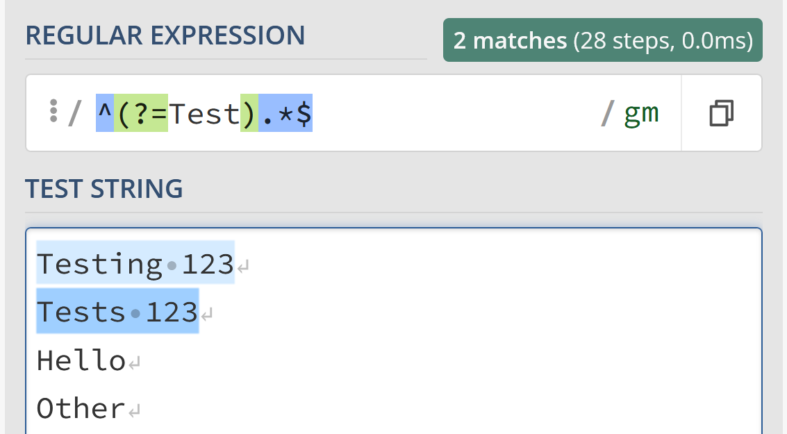Inversing our previous item - /^(?=Test).*$/gm lets us match "Testing 123" and "Tests 123", but not "Hello" and "Other"