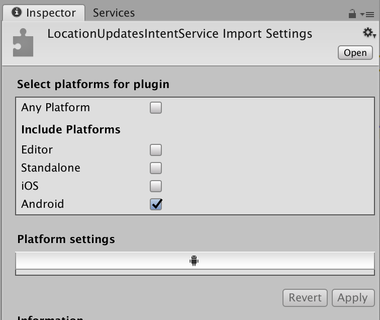The inspector window showing "Android" selected
