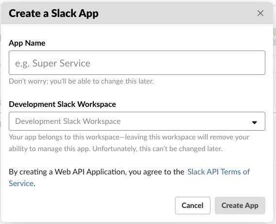 The create app dialog that shows up once "create app" is pressed