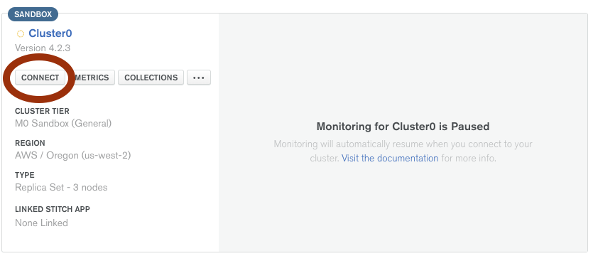 The image of the cluster0 with the "connect" button highlighted