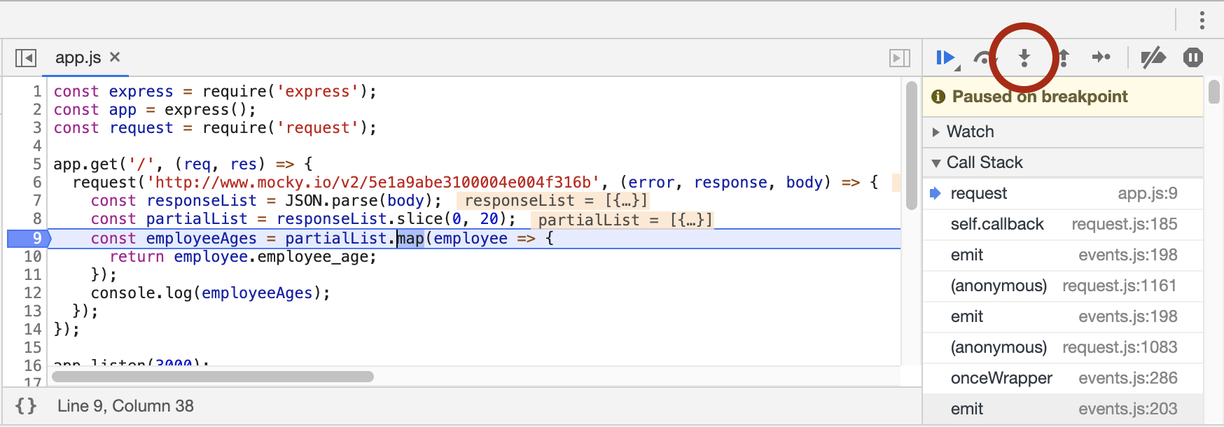 A showcase of a breakpoint on line 9 currently paused and a circle around the step into button