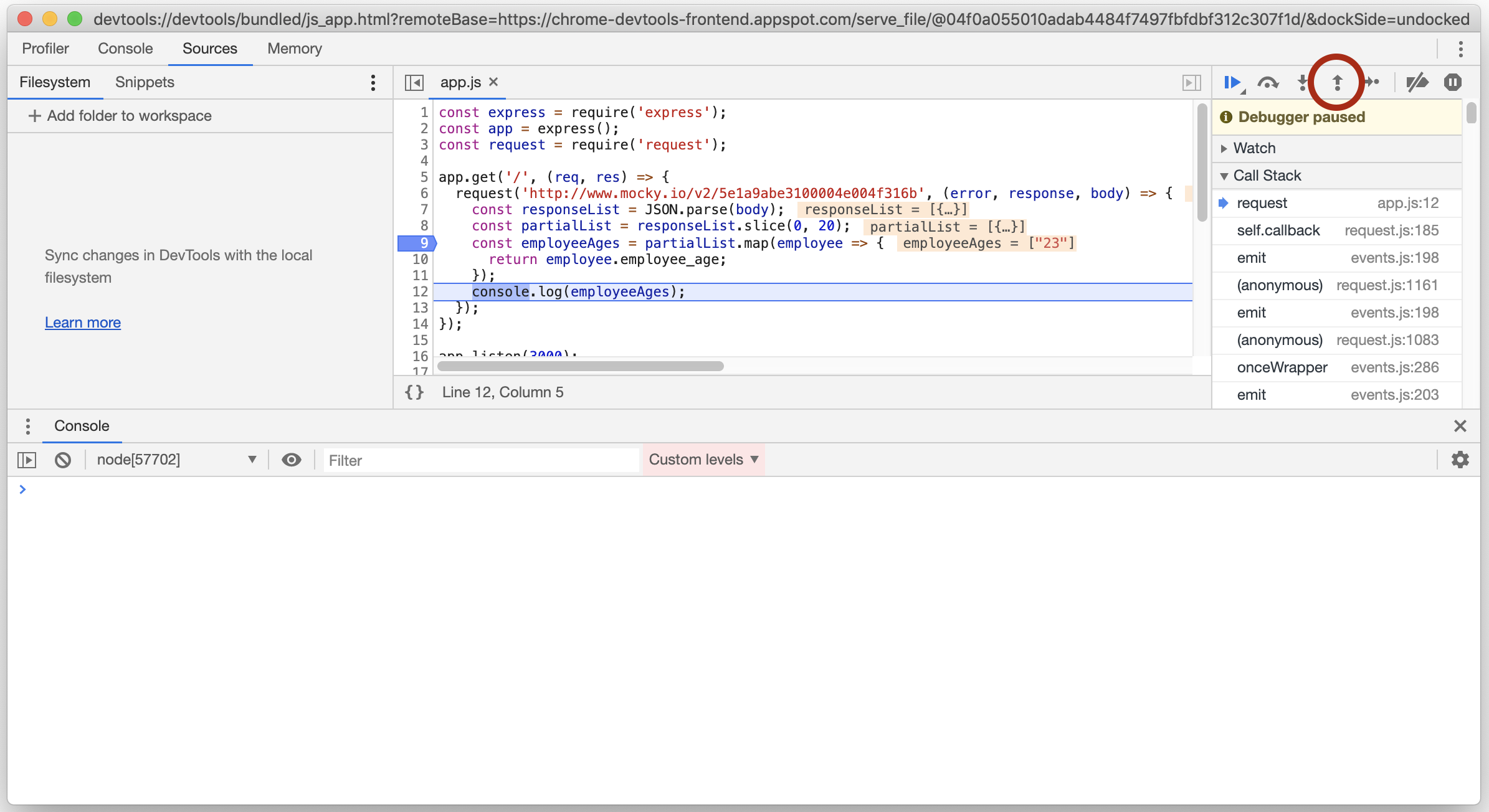 The "step outside" button being highlighted with a circle with the line 12 console log being paused