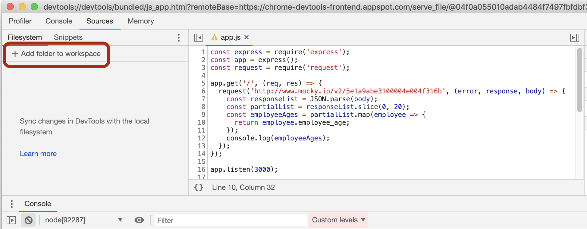 A red rectangle around "Add folder to workspace" button