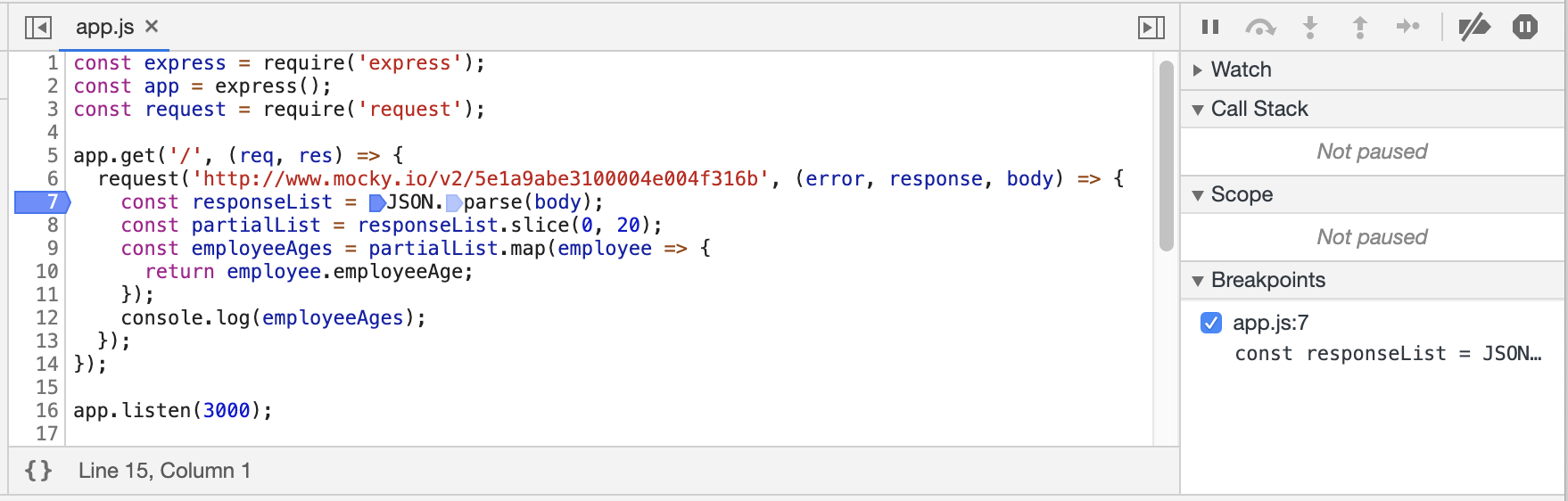 The blue arrow being added to line 7 of the app.js file