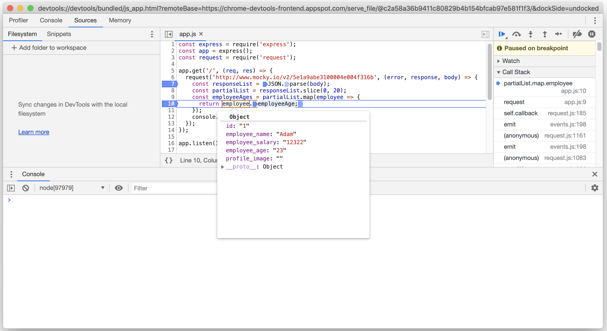 A show of the "employee" object that has a property "employee_age"