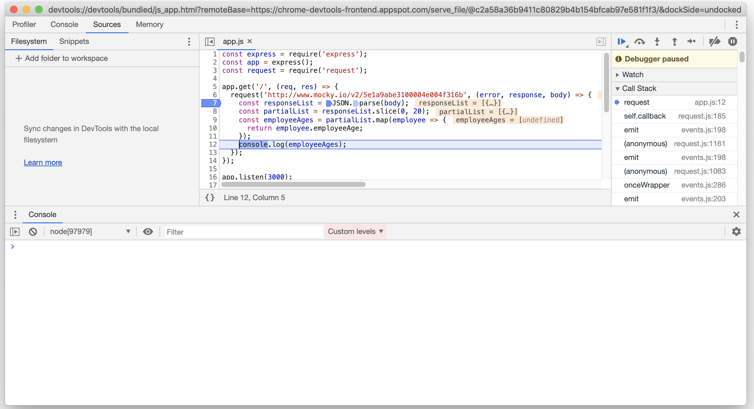 A screenshot showing ran lines until line 12 of the "console.log". It shows that "employeeAges" is "[undefined]"