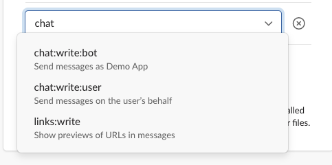 The permissions searching for "chat" which shows that "chat:write:bot" permission we need to add