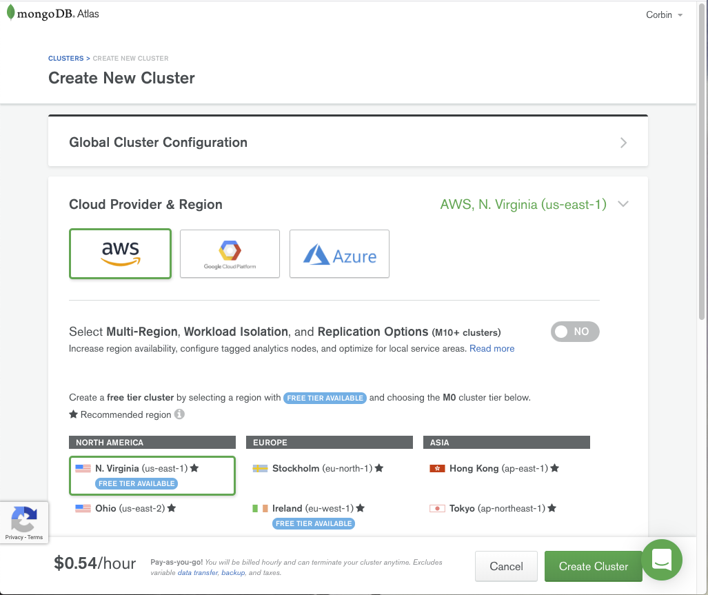 The "create new cluster" screen with a price of $0.54 an hour