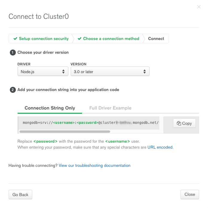 The dialog that shows connection string to add to NodeJS code