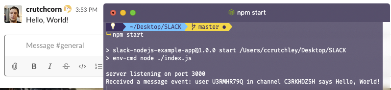 A showcase of the message "Hello, World" being sent to the app