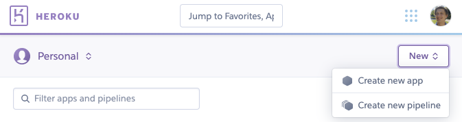 The dashboard of Heroku with the "New" dropdown showing an option to "Create a new app"