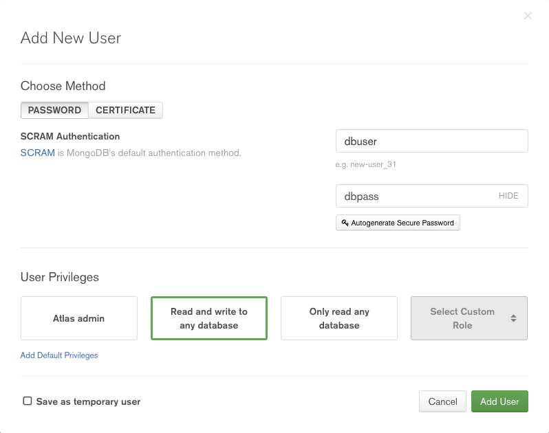 A new user creation screen with "dbuser" and "dbpass" as the username and password. Selected to have "full read and write" permissions.