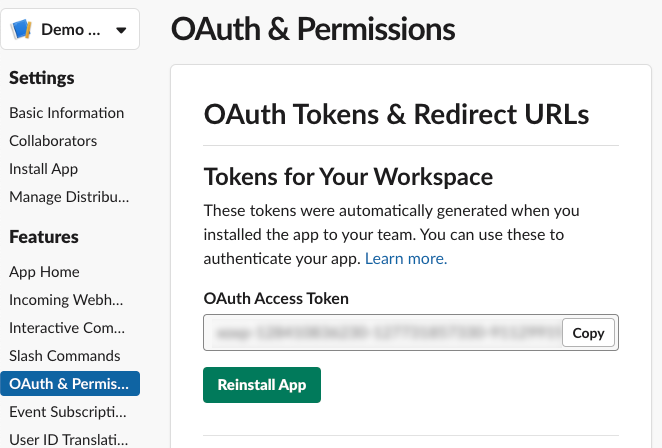 The top of the "OAuth & Permissions" screen that shows that access token and the "Reinstall app" button