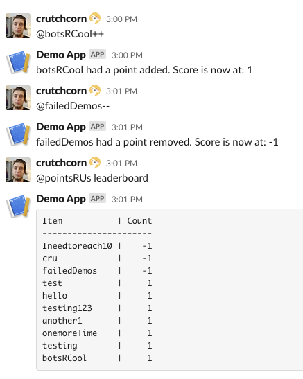 A demo of the app by adding a point to "botsRCool" and removing one from "failedDemos"