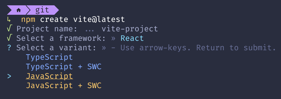 "Select a variant" with four options: TypeScript, TypeScript + SWC, JavaScript, JavaScript + SWC
