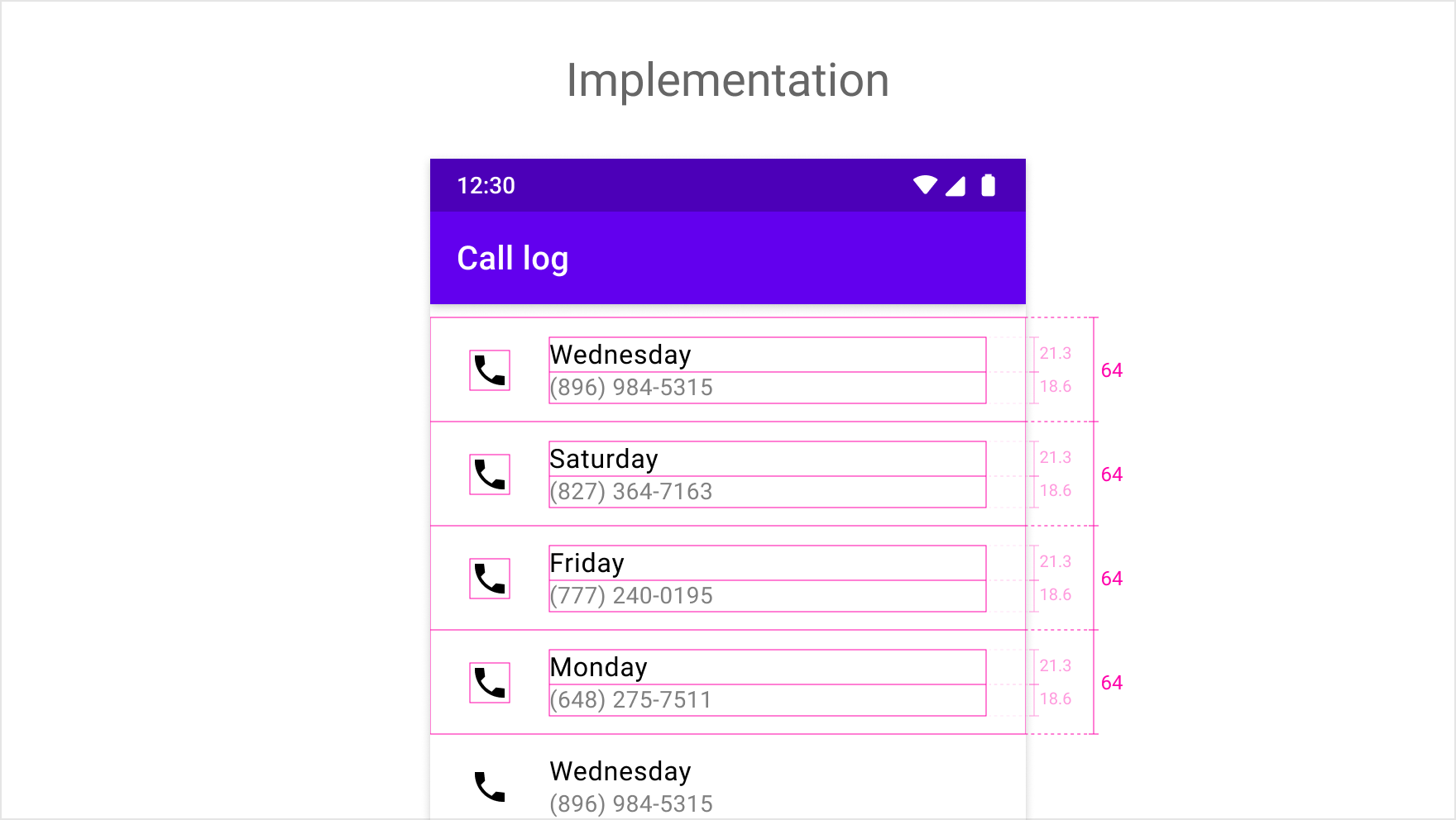 A mockup with spec lines enabled of a call log app
