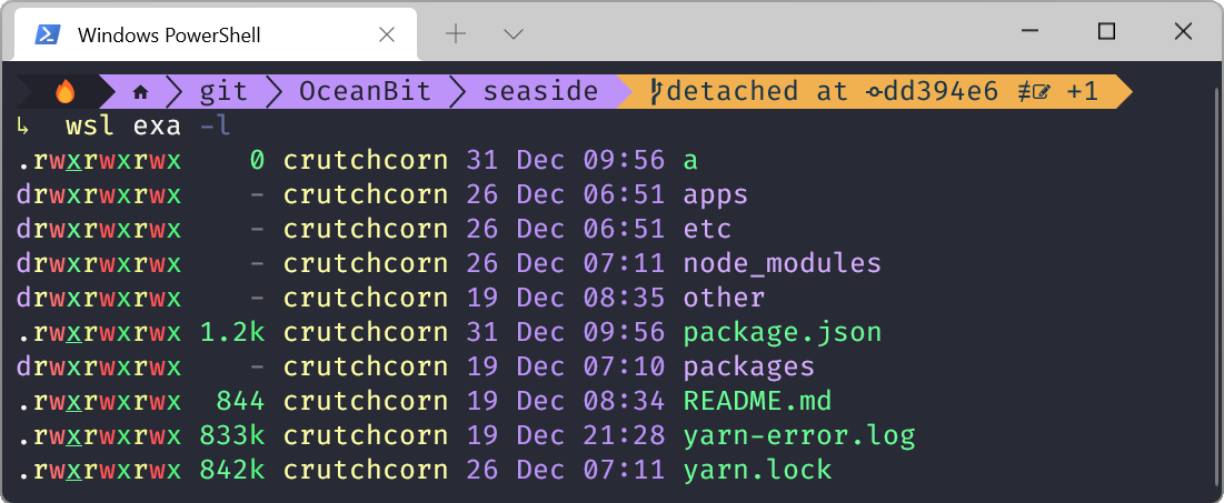 My PowerShell terminal with an emoji at the start and a plethora of colors and arrows. It's running `wsl exa -l`