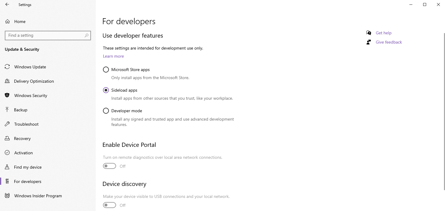 The settings page for "developer mode"